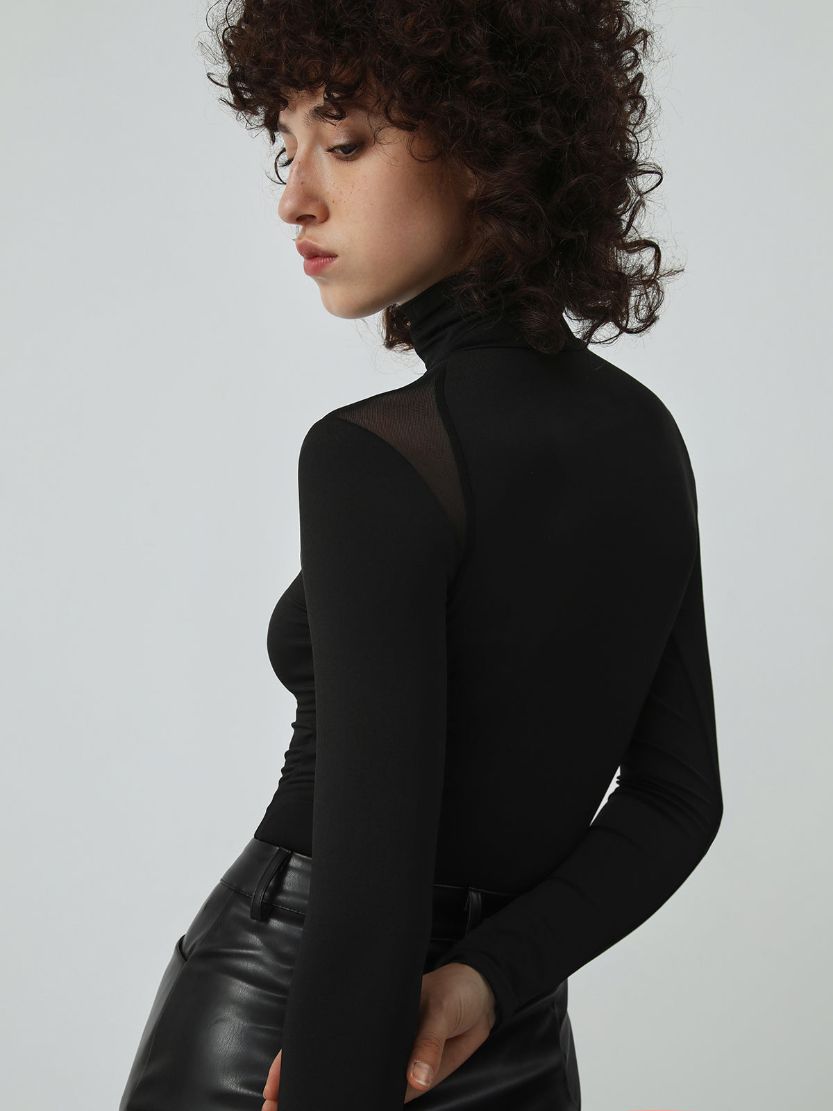 Patchwork Mesh Turtleneck Uzun Kollu Body