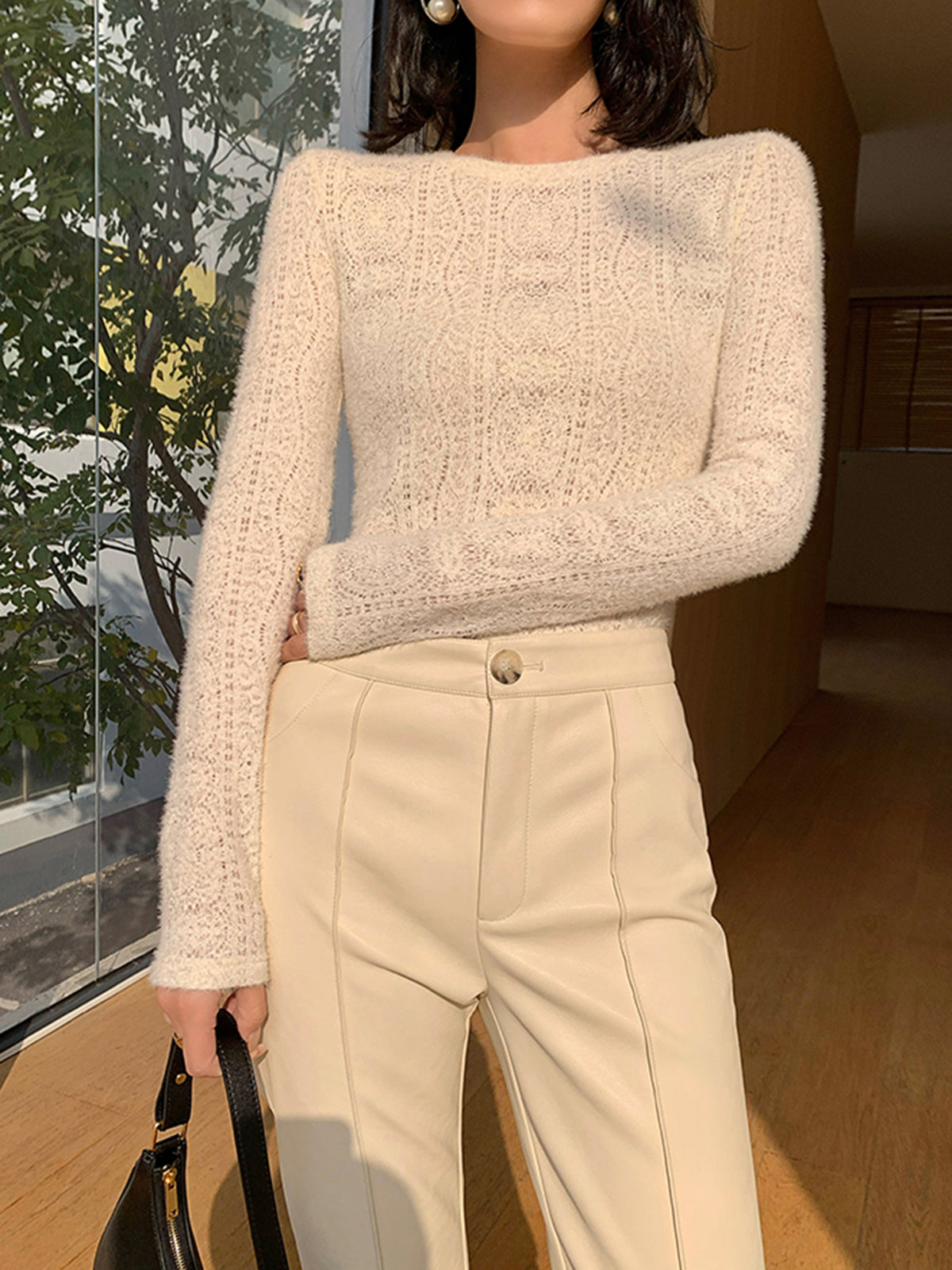 Çiçekli Hollow Knit Yuvarlak Yaka Uzun Kollu Üst