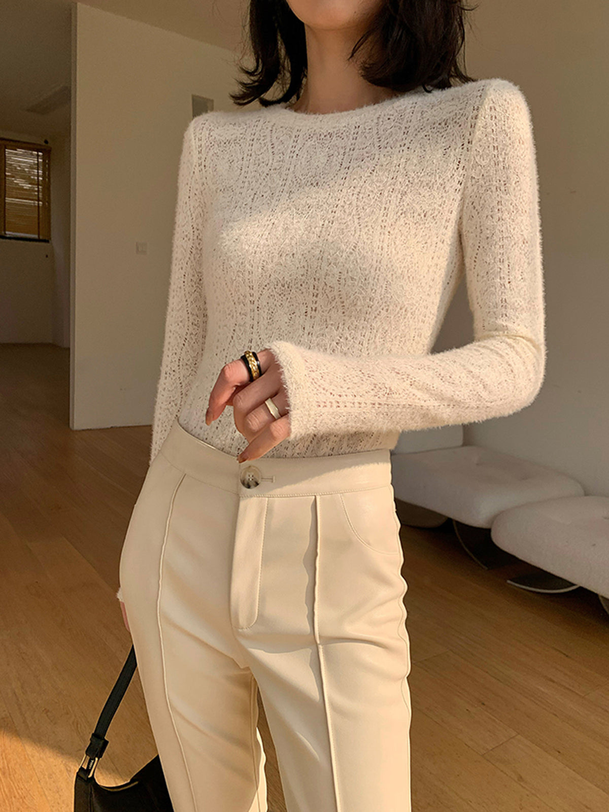Çiçekli Hollow Knit Yuvarlak Yaka Uzun Kollu Üst