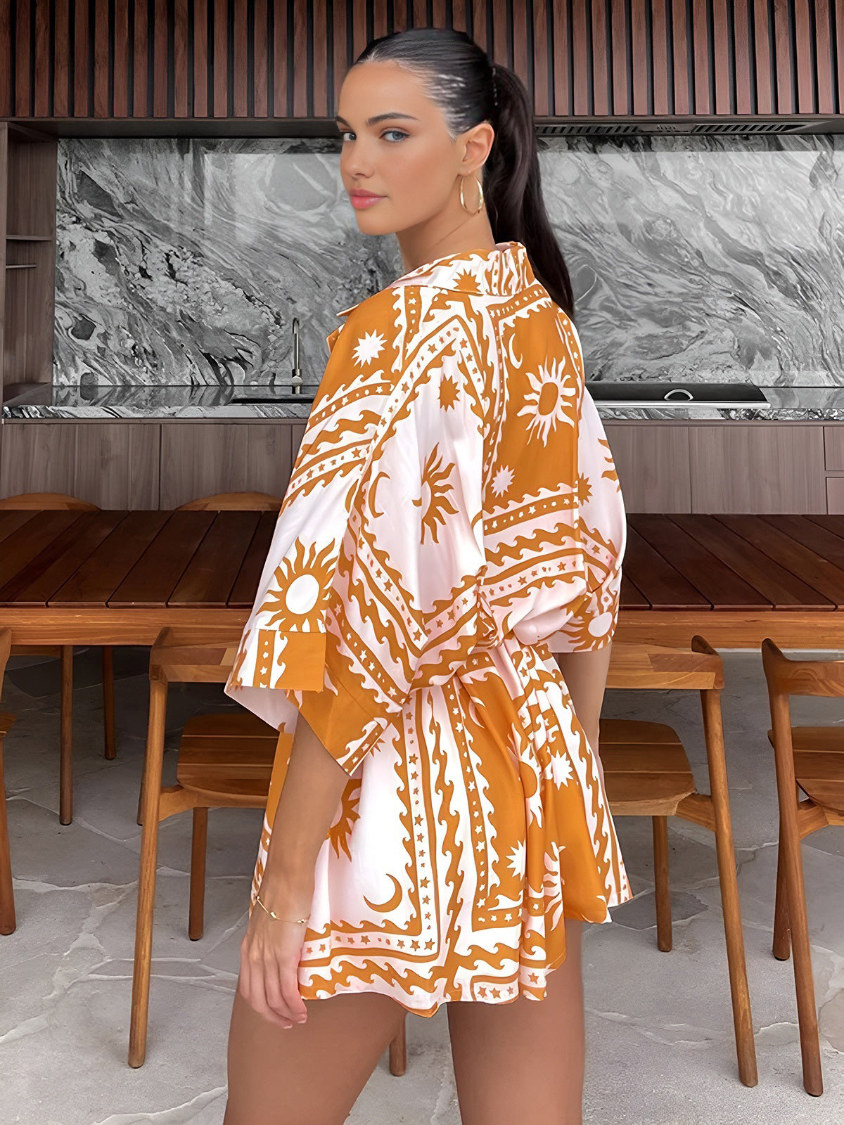 Boho Güneş ve Ay Baskılı Kısa Tulum