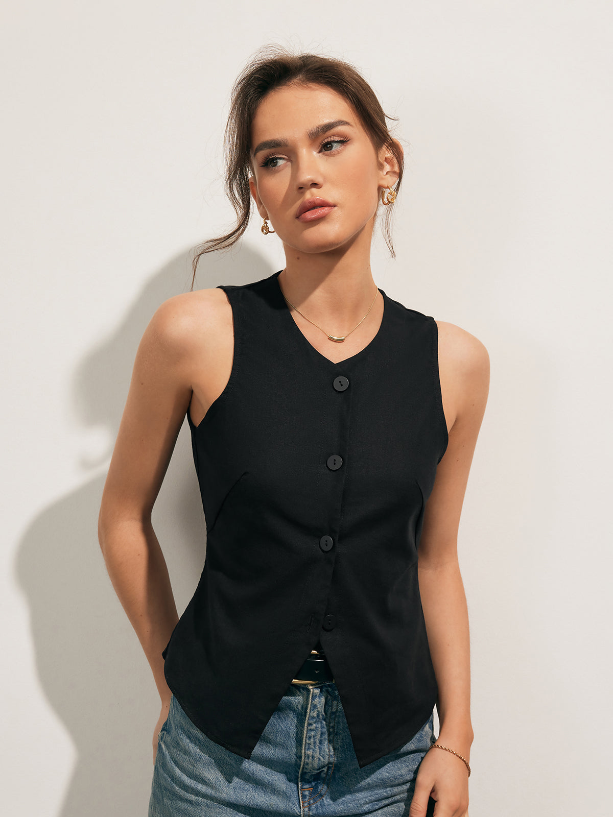 Keten Karışımlı Düğmeli Tank Top