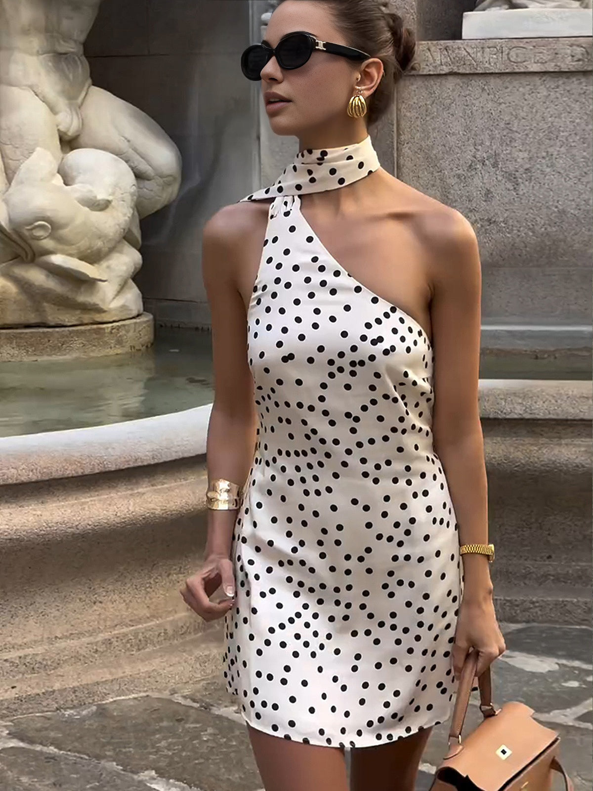 Satin Polka Dot Asimetrik Elbise
