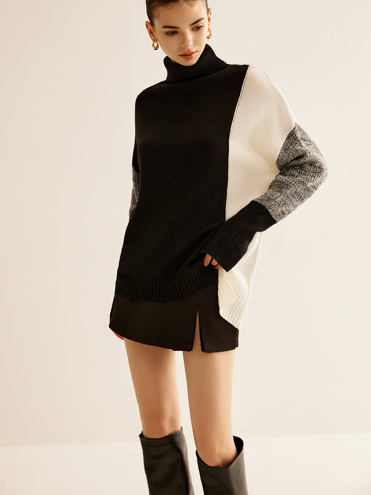 Turtleneck Renk Bloklu Örgü Üst