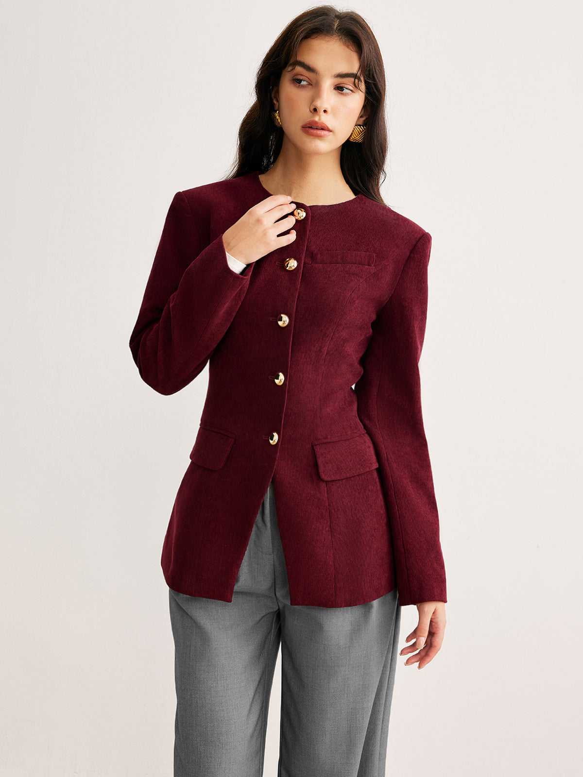 Yuvarlak Yaka Düğmeli Kadife Blazer