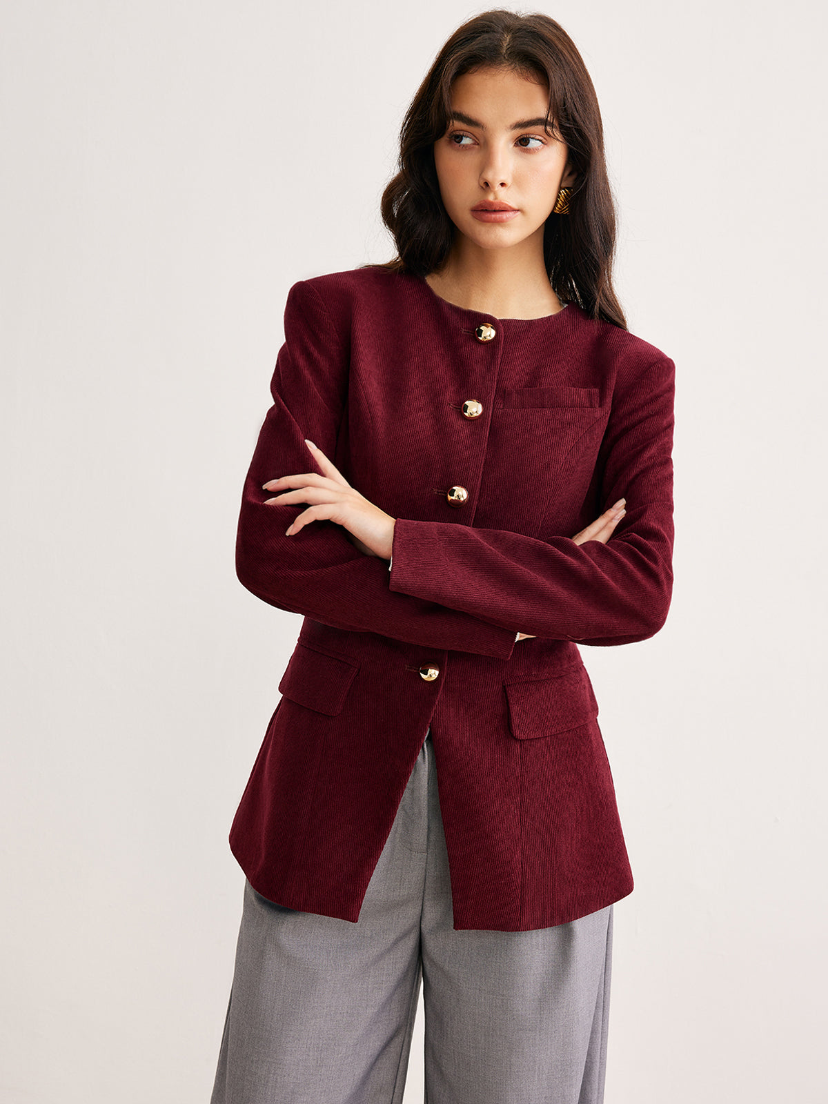 Yuvarlak Yaka Düğmeli Kadife Blazer