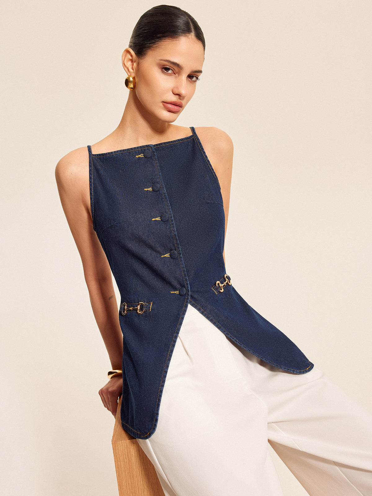 Düğme Detaylı Tokalı Denim Şort Takımı