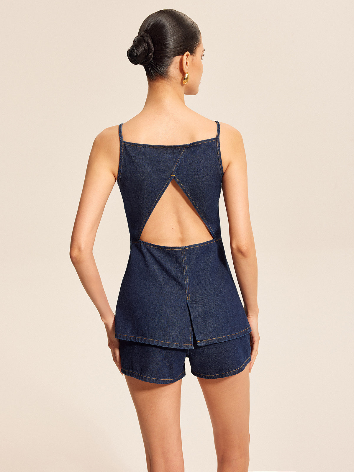 Düğme Detaylı Tokalı Denim Şort Takımı