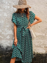 Çiçekli Midi Elbise Streç Kuşaklı Taşlı Yaka Kısa Kollu Bohem