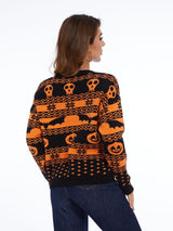 Cadılar Bayramı Balkabağı Desenli Yuvarlak Yaka Örme Kazak