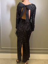 Payet Sırtı Açık Fiyonklu Maxi Elbise