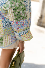 Sarı-Yeşil Çiçek Desenli Patchwork Baskılı Ceket