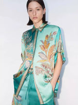 Saten Çiçek Desenli Gömlek ve Pantolon Takımı