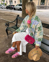 Sarı-Yeşil Çiçek Desenli Patchwork Baskılı Ceket