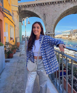 Geometrik Desenli Çiçek Desenli Cepli Kapitone Ceket