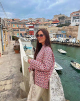 Geometrik Desenli Çiçek Desenli Cepli Kapitone Ceket