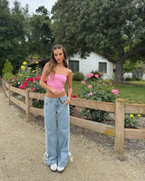 Düşük Bel Bol Yan Çizgili Fiyonklu Geniş Paça Kot Pantolon