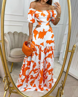 Omuzları Açık Baskılı Kesik Uzun Elbise