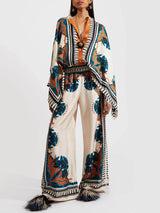 İnce Saten Çiçek Desenli Batwing Kol Pantolon Takım - Turuncu