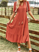 Kadın Turuncu Kısa Kollu V Yaka Fırfırlı Elbise