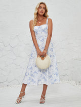 Kadın Kolsuz Çiçekli Yazlık Bacak Yırtmaçlı Midi Elbise