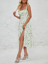 Kadın Kolsuz Çiçekli Yazlık Bacak Yırtmaçlı Midi Elbise