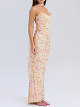 Çiçekli Straplez Korsaj ve Kravatlı Yüksek Bel Etek