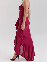 Dalgalı Asimetrik Kolsuz Cami Elbise