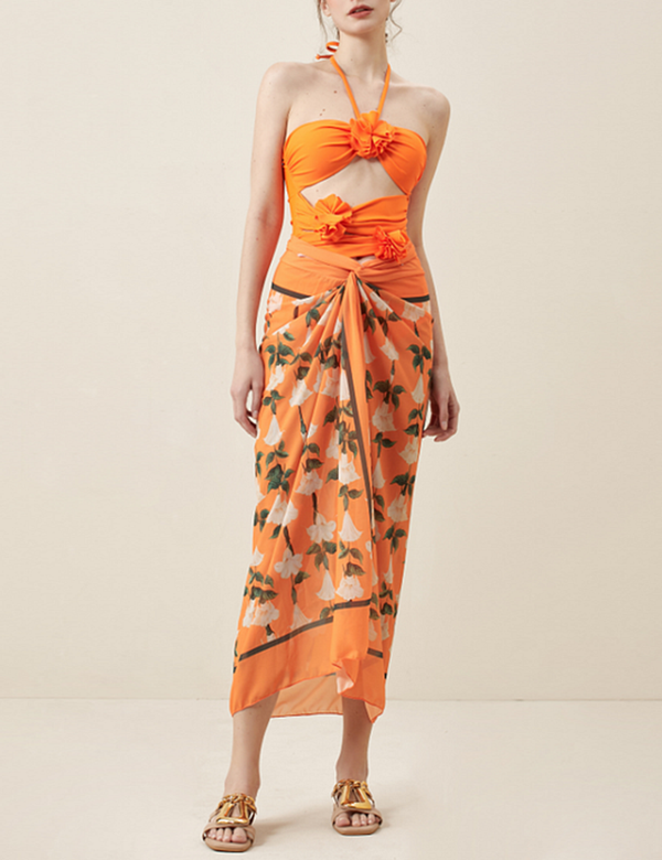 Boyundan Bağlamalı 3D Çiçek Tek Parça Mayo ve Malaya peştemâli