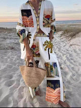 Benzersiz Palmiye Ağacı Desenli Hımbıl Pantolon Takım