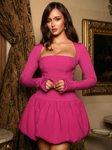 Kare Yakalı, Sırtsız Tasarımlı, Kabarık Kol Mini Elbise