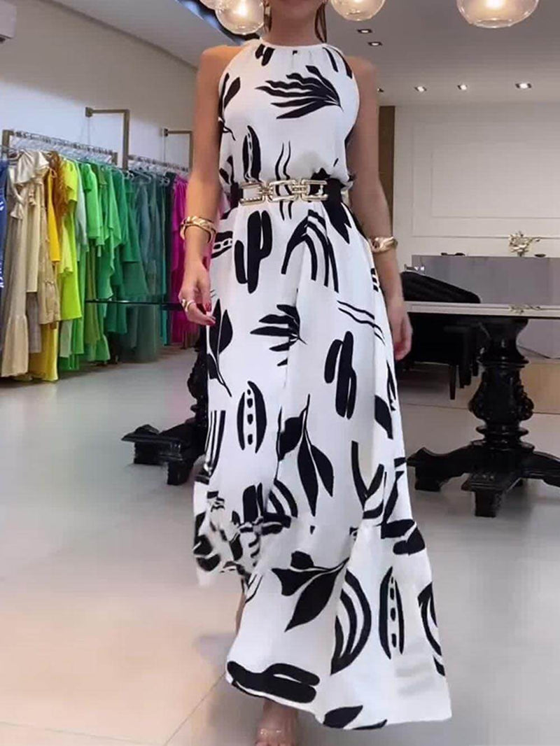 Benzersiz Baskı Bağlamalı Yaka Gevşek Kokteyller Maxi Elbise