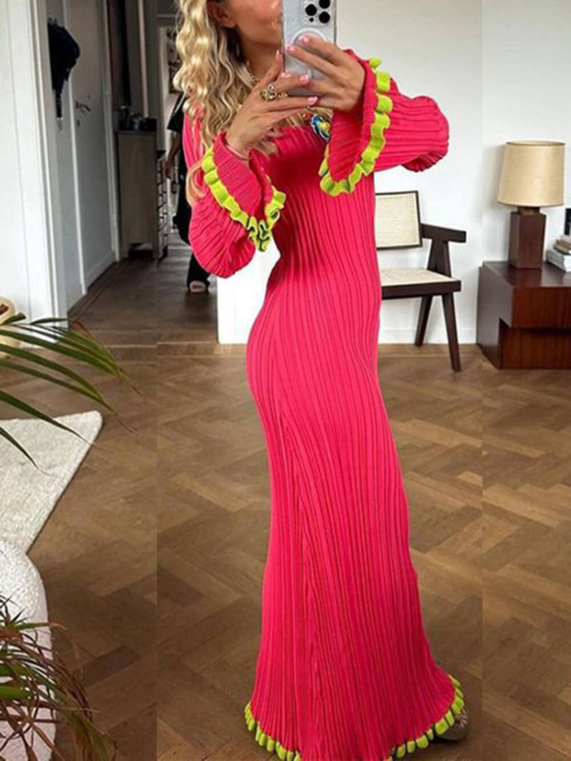 Çan Kol Kare Yaka Kontrast Uzun Triko Elbise