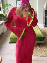 Çan Kol Kare Yaka Kontrast Uzun Triko Elbise