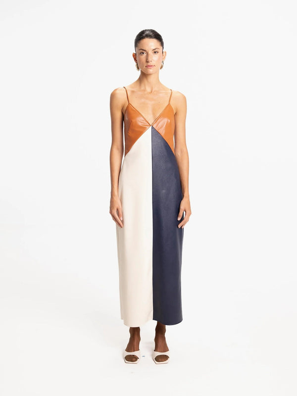 Leathe Colorblocks Deep V-Neckline Maxi Dress