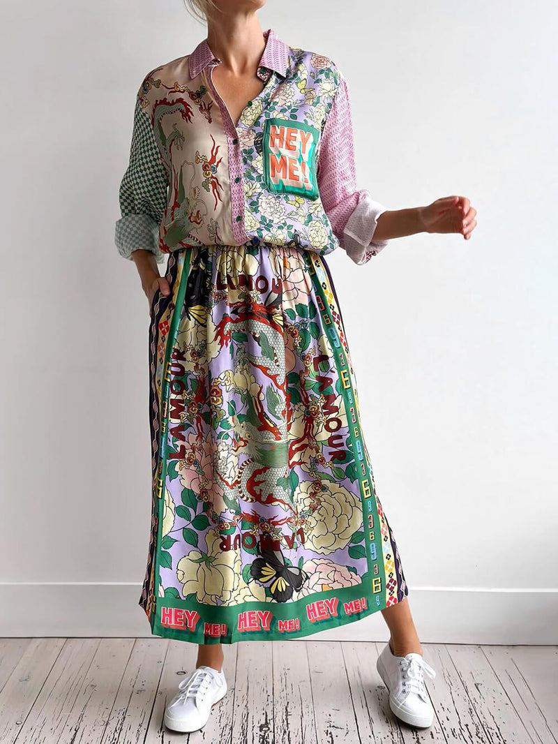 Kişiye Özel Grafiti Günlük Saten Baskı Uzun Kollu Gömlek