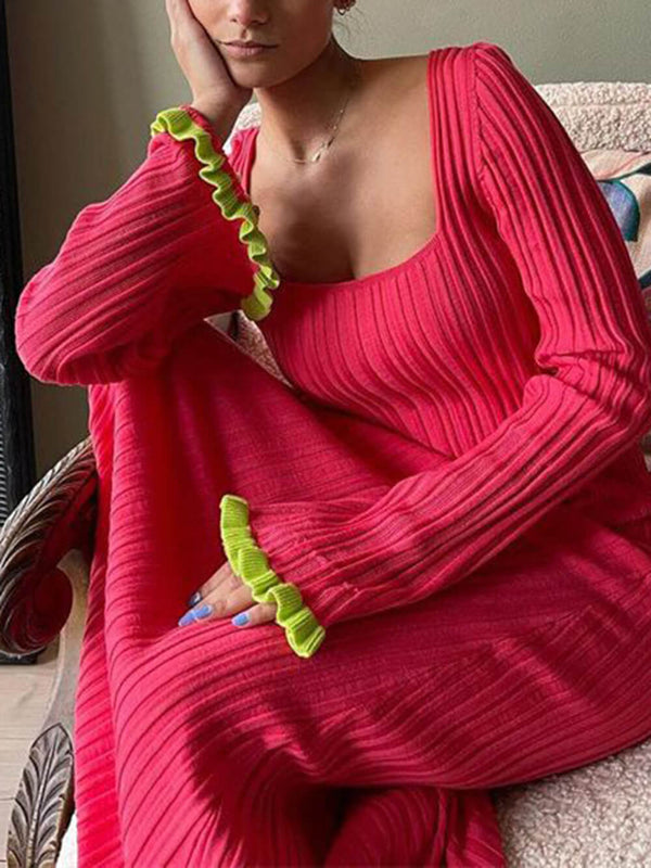 Çan Kol Kare Yaka Kontrast Uzun Triko Elbise