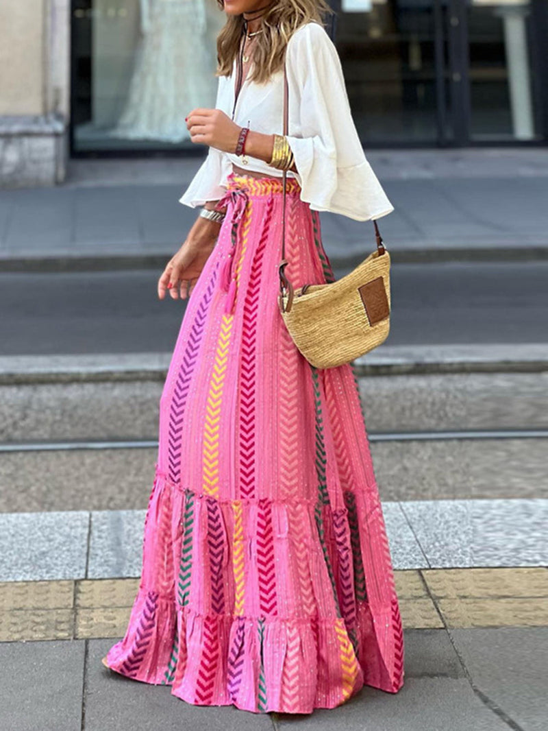 Şerit Desenli Yüksek Bel Büzgülü Büyük Salıncak Maxi Etek