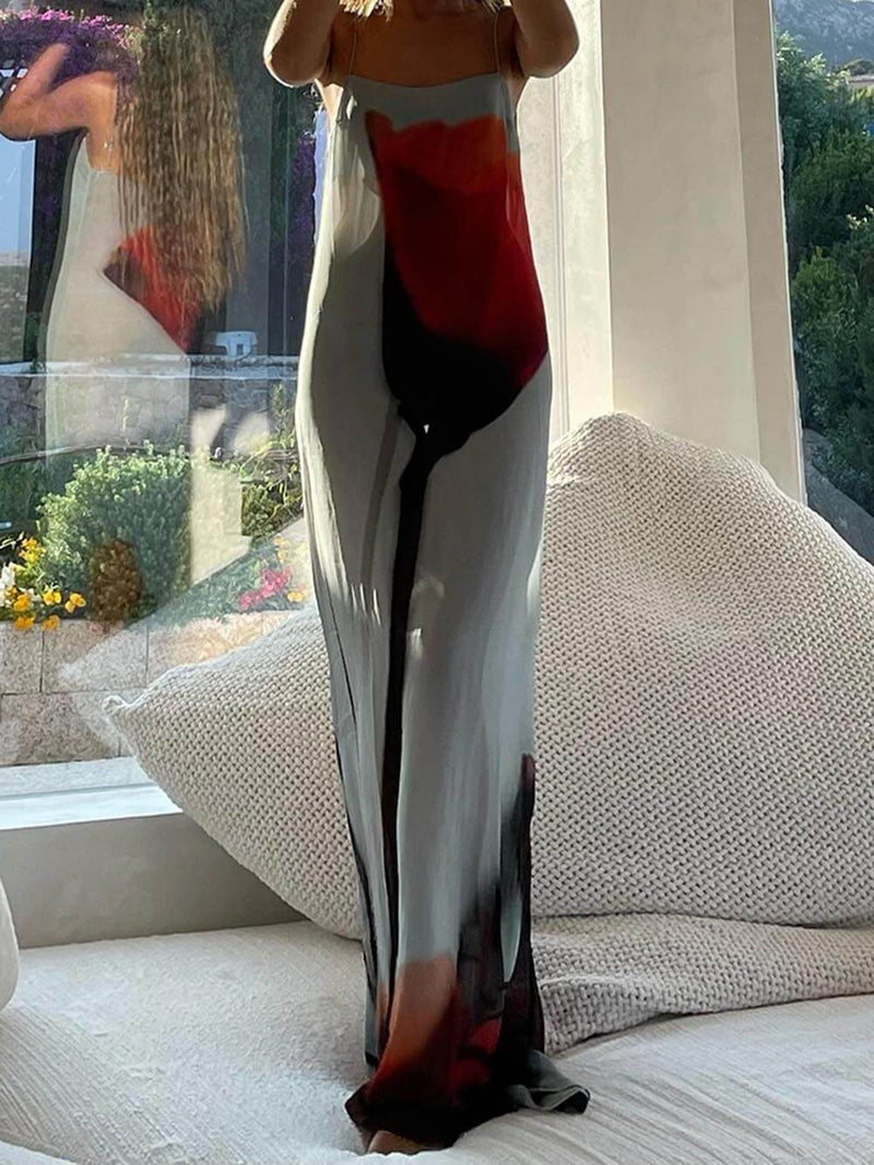 Tatil Soyut Lale Desenli Slip H-Line Maxi Elbise