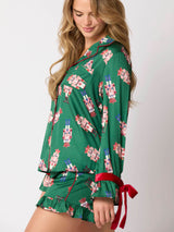 Yeşil Saten Kırmızı Kurdeleli Fındık Kıran Pijama Takımı