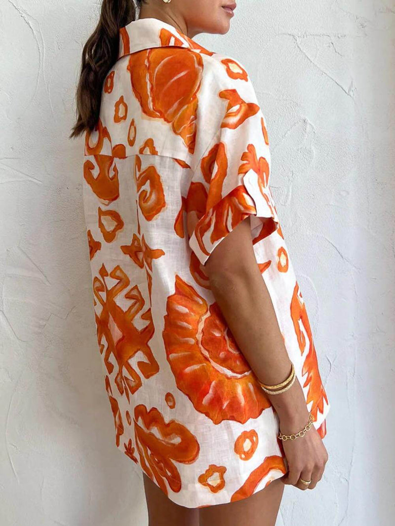 Benzersiz Baskılı Şort Yaka Bol Gömlek Takımı
