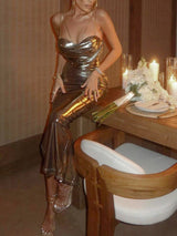 Kazık Yaka Straplez Sırtı Açık Askılı Elbise