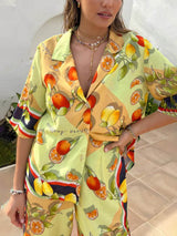 Modern Limon Desenli Hırka Tek Sıra Düğmeli Yaka Pantolon Takım