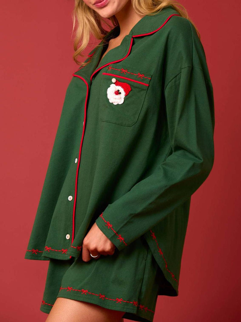 Noel Baba Uzun Kollu Gömlek Şort Pijama Takımı