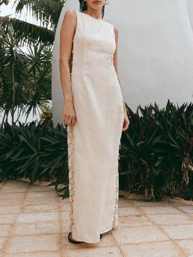 İmza Baskılı Halka Taşlı Kolsuz Midi Elbise