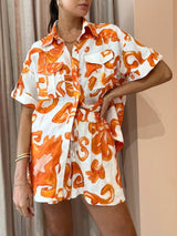 Benzersiz Baskılı Şort Yaka Bol Gömlek Takımı