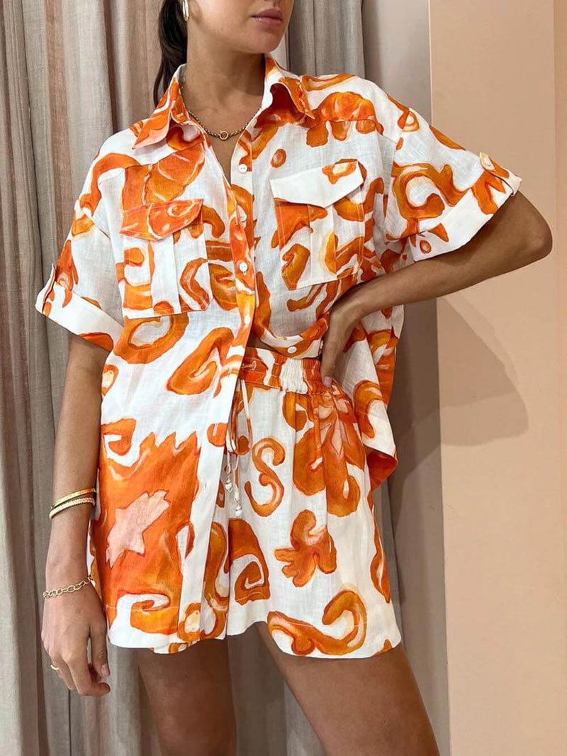 Benzersiz Baskılı Şort Yaka Bol Gömlek Takımı