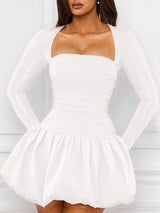 Kare Yakalı, Sırtsız Tasarımlı, Kabarık Kol Mini Elbise