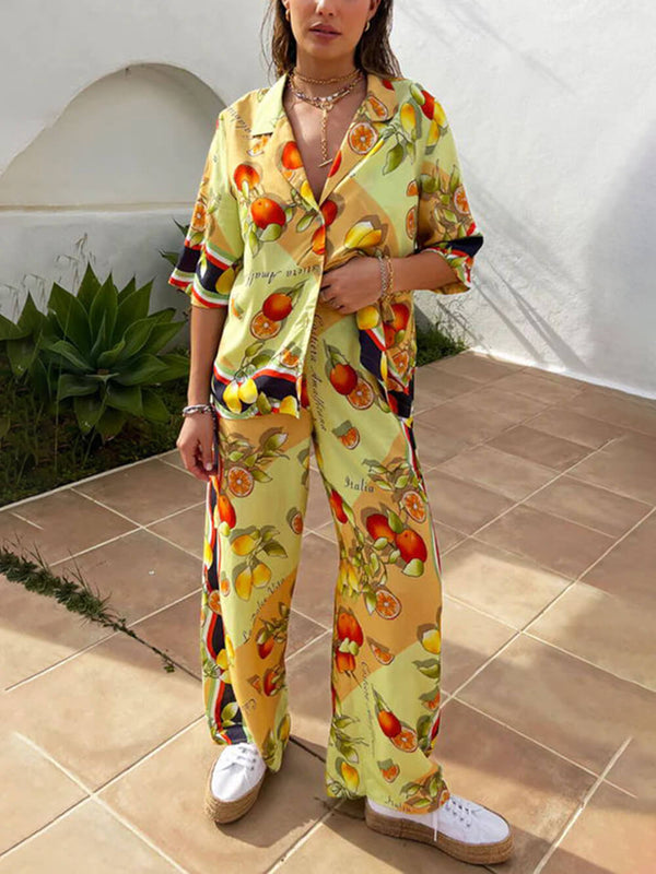 Modern Limon Desenli Hırka Tek Sıra Düğmeli Yaka Pantolon Takım