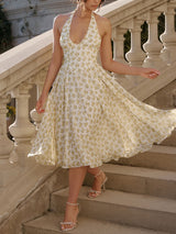 Boyundan Bağlı Derin V Çiçekli Sırtı Açık Midi Elbise