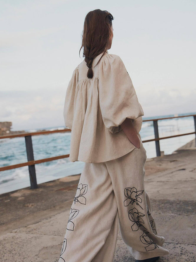 Günlük Keten Çiçekli Takım